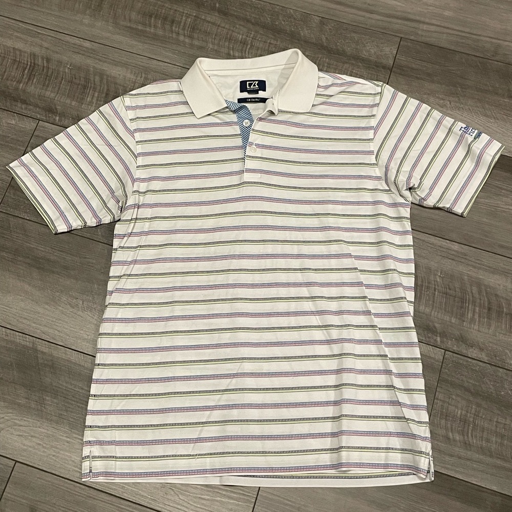 Cutter & Buck Men's Striped Golf Polo Shirt - White, Blue, Pink Size Medium